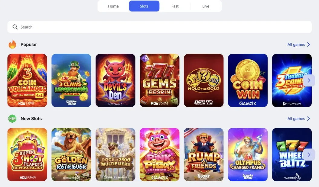 Glory Casino Brazil slots lobby with popular and new games